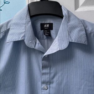 H&M Slim Fit Sky Blue & White Men's Dress Stripes Buttons Up Shirt Size M !